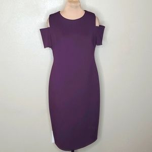 Calvin Klein 12 Eggplant Purple Scuba Cut out shoulders pencil dress